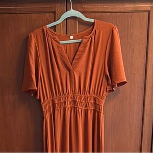 Smocked Waist Rust Orange Maxi Dress with V-Neck